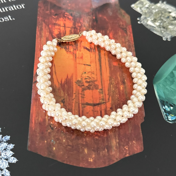 Vintage 14K Yellow Gold Genuine Real Pearl Multi Row Cluster Bracelet 7.75" - Picture 3 of 16